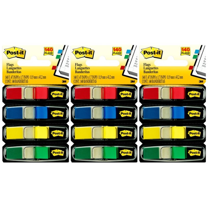 Post-it® Flags, Assorted Primary Colors, .47 in. Wide, 35 Flags/Dispenser, 4 Dispensers/Pack, 3 Packs