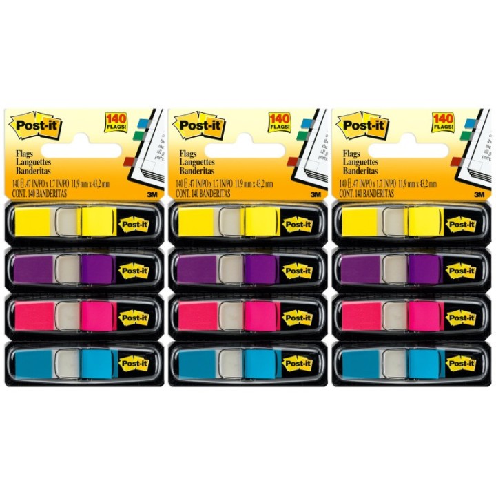 Post-it® Highlighting Flags, Bright Colors, .47 in. Wide, 35 Flags/Dispenser, 4 Dispensers/Pack, 3 Packs