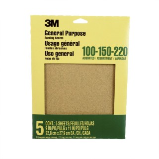 3M® General Purpose Sanding Sheets, 100, 150, 200 Grit Assortment, 9" x 11", 5 Sheets