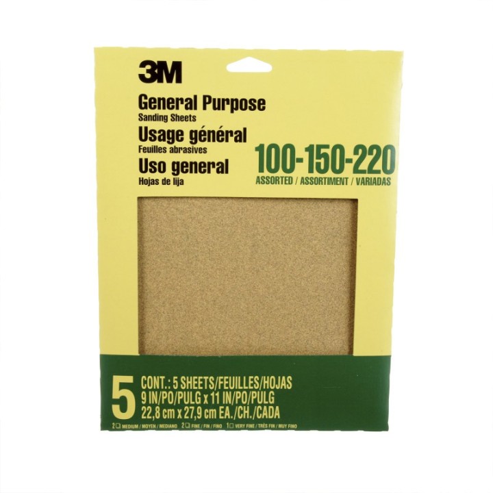 3M® General Purpose Sanding Sheets, 100, 150, 200 Grit Assortment, 9" x 11", 5 Sheets