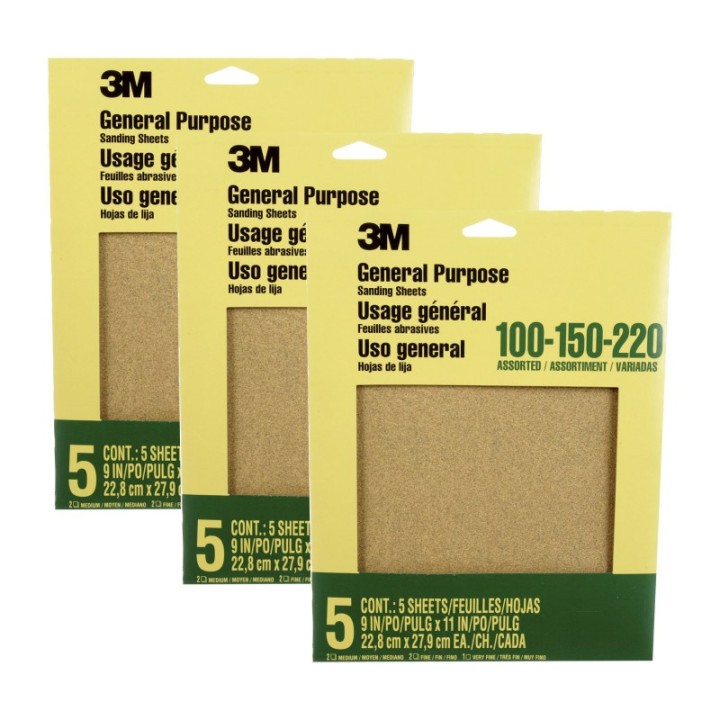 3M® General Purpose Sanding Sheets, 100, 150, 200 Grit Assortment, 9x11 in, 5 Sheets Per Set, 3 Sets