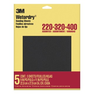 3M® Wetordry™ Sandpaper, 220, 320, 400 Grit Assortment, 9" x 11", 5 Sheets
