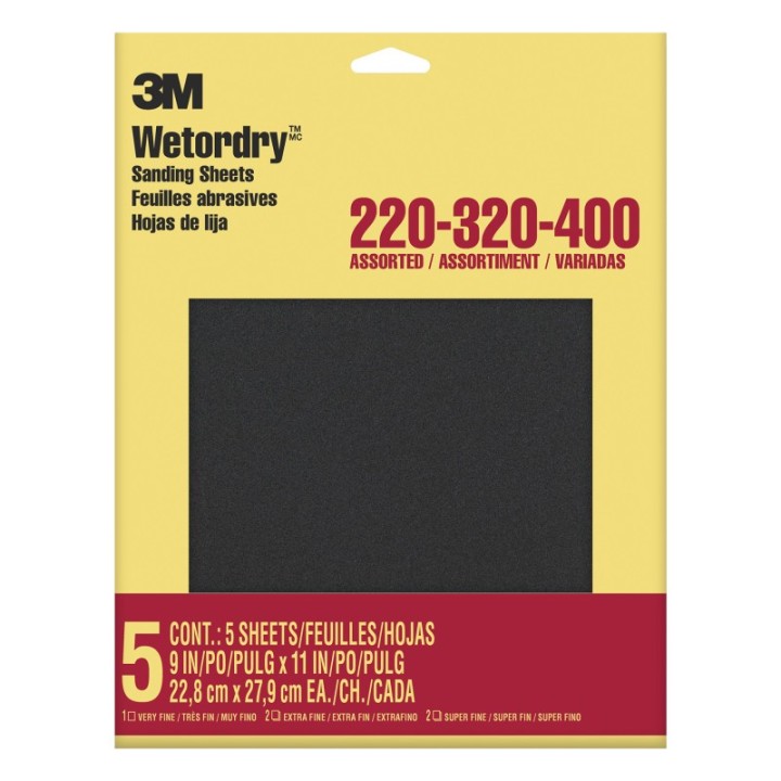 3M® Wetordry™ Sandpaper, 220, 320, 400 Grit Assortment, 9" x 11", 5 Sheets