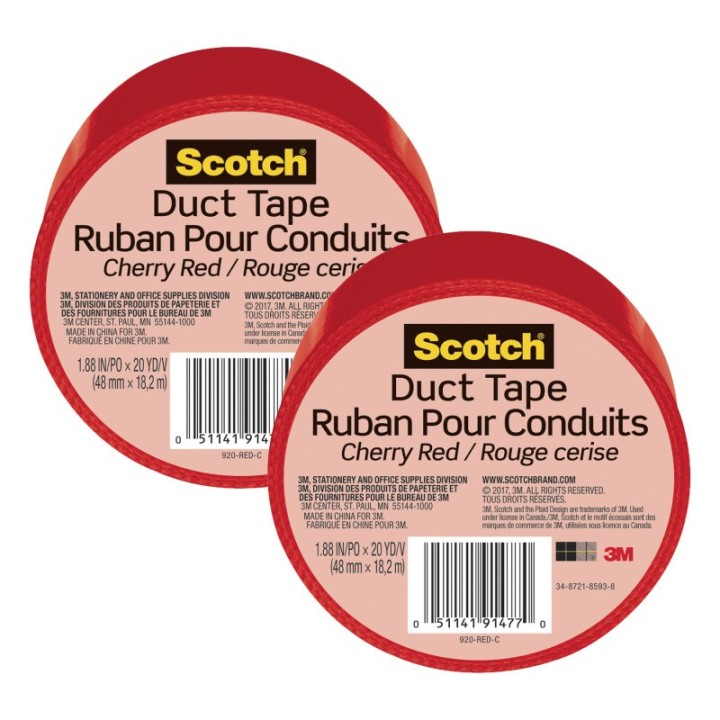 Scotch® Duct Tape for Artists, 1.88 in x 20 yd (48 mm x 18.2 m), Cherry Red, Pack of 2