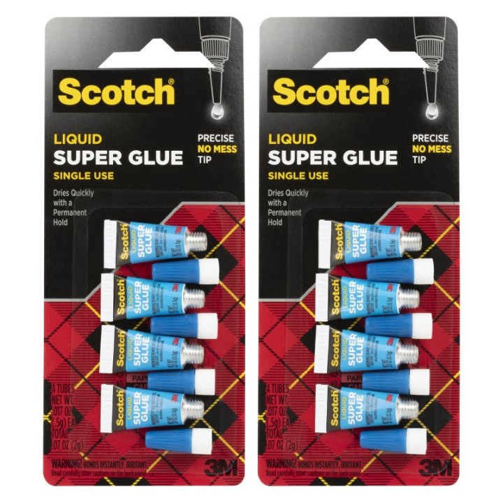 Scotch® Super Glue Liquid, Single Use, Pack of 4 Per Pack, 2 Packs