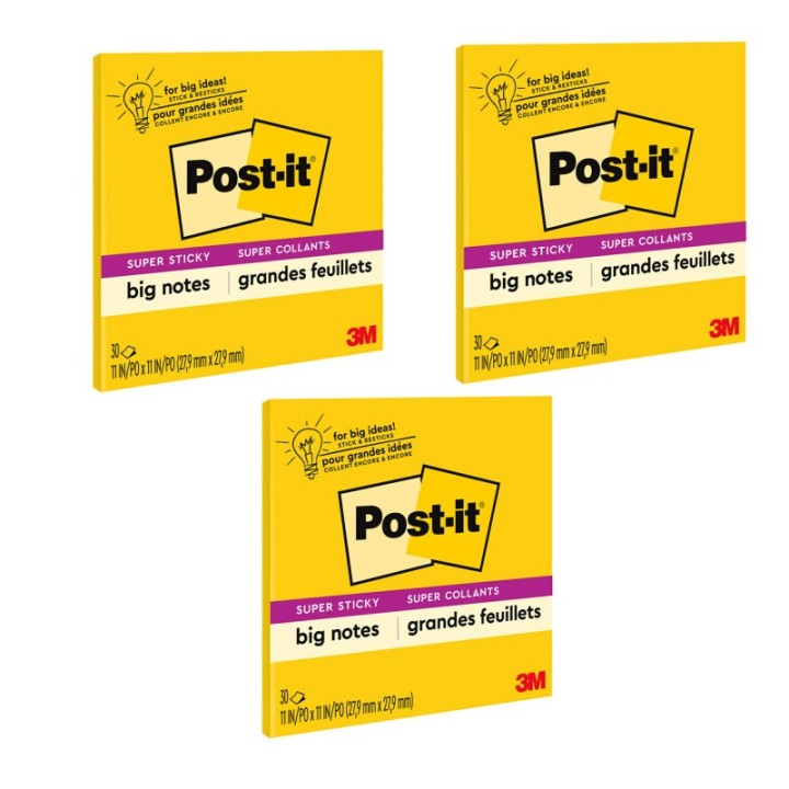 Post-it® Super Sticky Big Note, 11 in. x 11 in., Yellow, 30 Sheets/Pad, Pack of 3