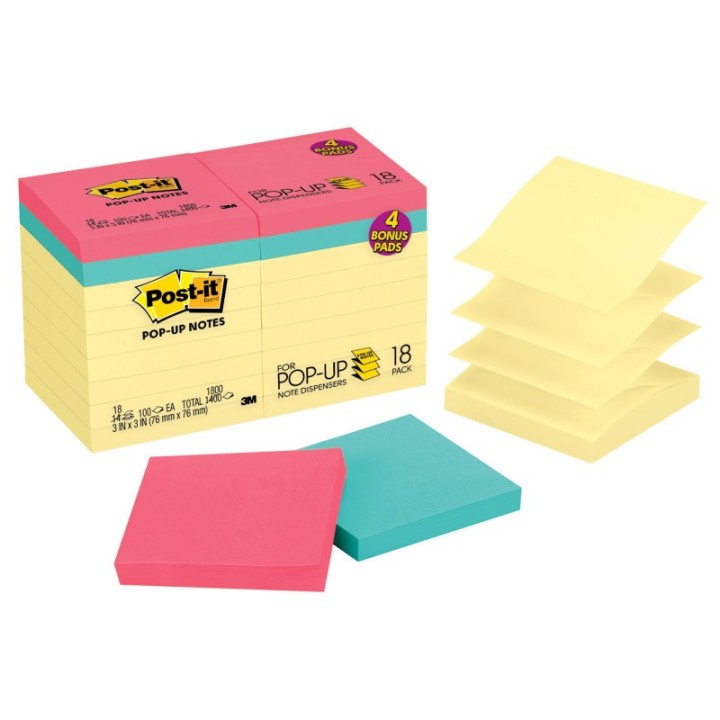 Post-it® Dispenser Pop-up Notes Value Pack, 3 in x 3 in, Canary Yellow, 14 Pads plus 4 Pads in Assorted Color