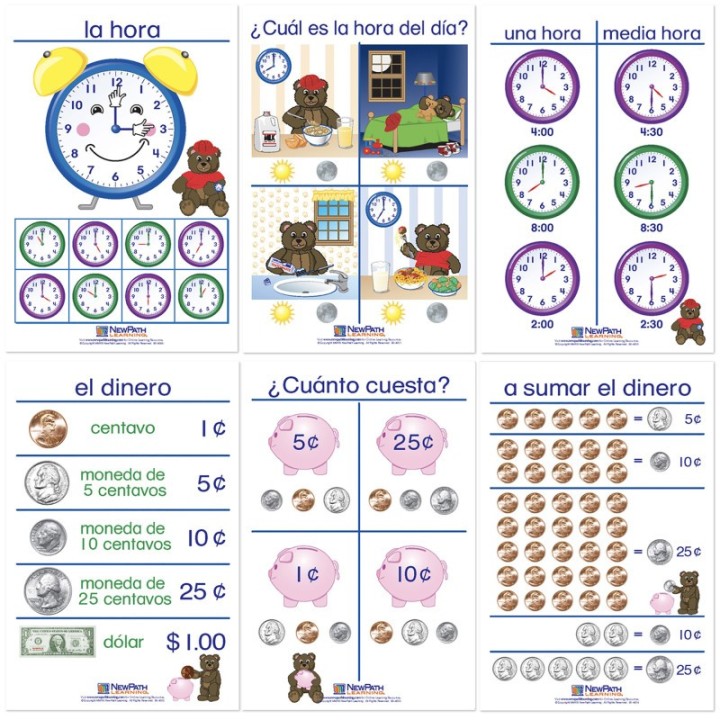 NewPath Learning Time & Money Bulletin Board Charts, Set of 6, Spanish Edition