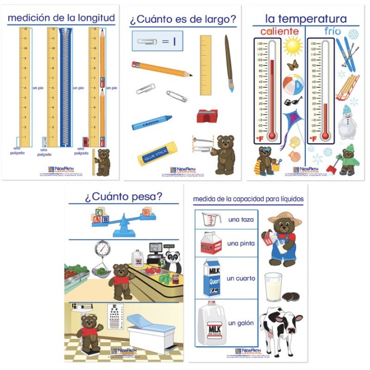 NewPath Learning Measurement Bulletin Board Charts, Set of 5, Spanish Edition