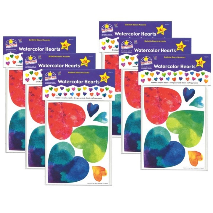 North Star Teacher Resources Watercolor Hearts Bulletin Board Accents, 48 Per Pack, 6 Packs