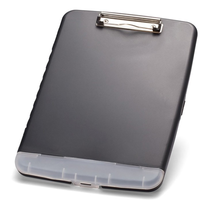 Officemate® Slim Clipboard Storage Box, Low Profile Clip & Storage Compartment, Charcoal