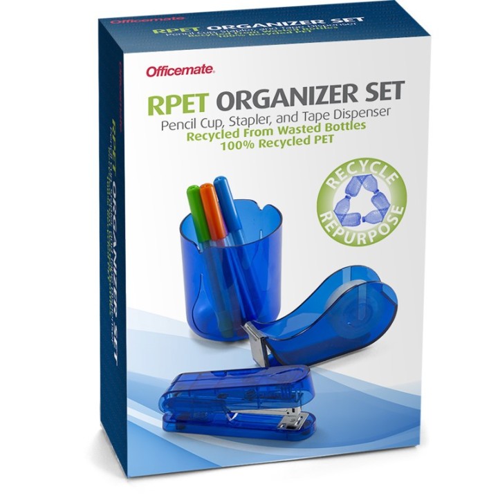 Officemate® 3-Piece Organizer Set, Pencil Cup, Stapler, Tape Dispenser, Made from Recycled Bottles