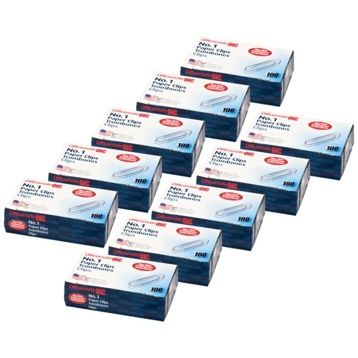 Officemate® Paper Clips, #1 Non-Skid, 100 Per Box, 10 Boxes