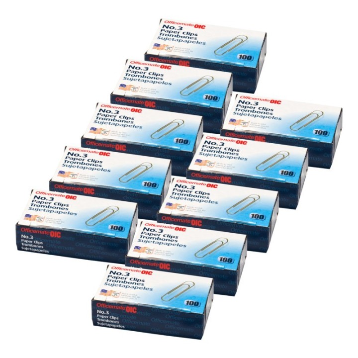 Officemate® Paper Clips, #3 Gem, 100 Per Box, 10 Boxes