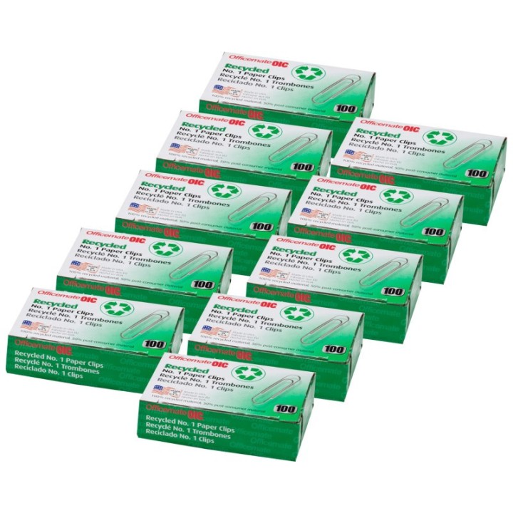 Officemate® Recycled Paper Clips, #1 Gem, 100 Per Box, 10 Boxes