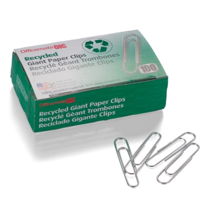 Officemate® Recycled Paper Clips, Giant Gem, 100/Box