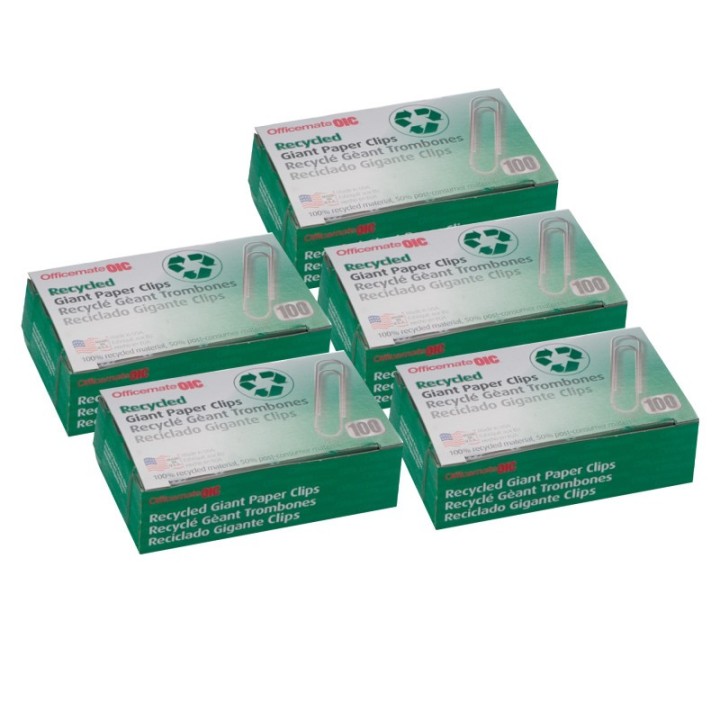 Officemate® Recycled Paper Clips, Giant Gem, 100/Box, 5 Boxes