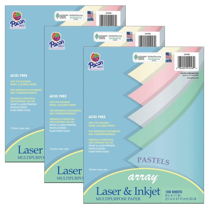 Pacon® Pastel Multipurpose Paper Array, 8-1/2" x 11", 100 Sheets Per Pack, 3 Packs