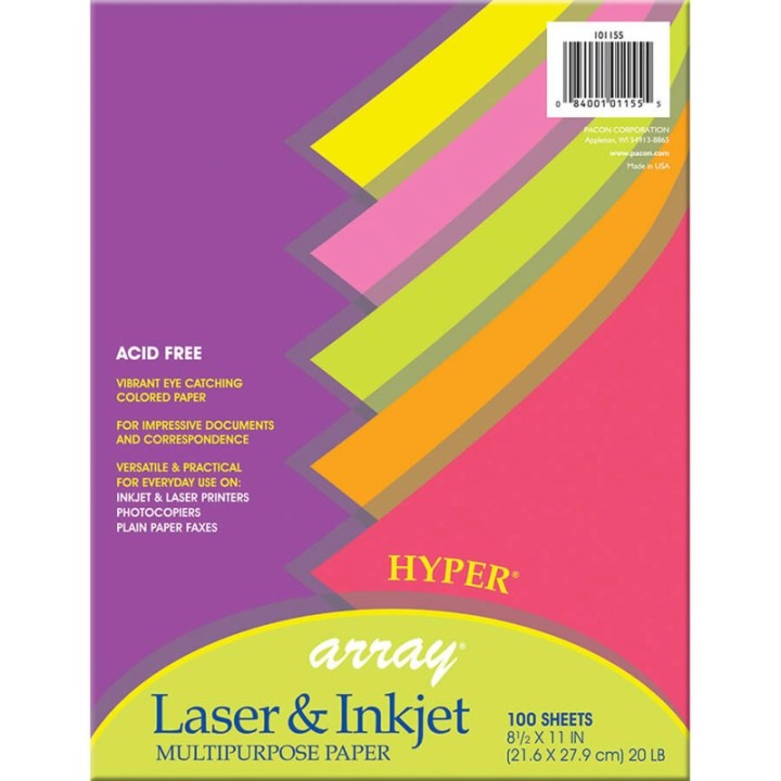 Pacon® Hyper Multi-Purpose Paper, 5 Assorted Colors, 20 lb., 8-1/2" x 11", 100 Sheets