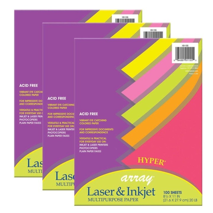 Pacon® Hyper Multi-Purpose Paper, 5 Assorted Colors, 20 lb., 8-1/2" x 11", 100 Sheets Per Pack, 3 Packs