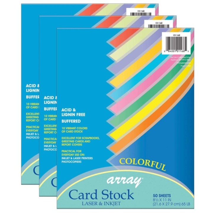 Pacon® Colorful Card Stock, 10 Assorted Colors, 8-1/2" x 11", 50 Sheets Per Pack, 3 Packs