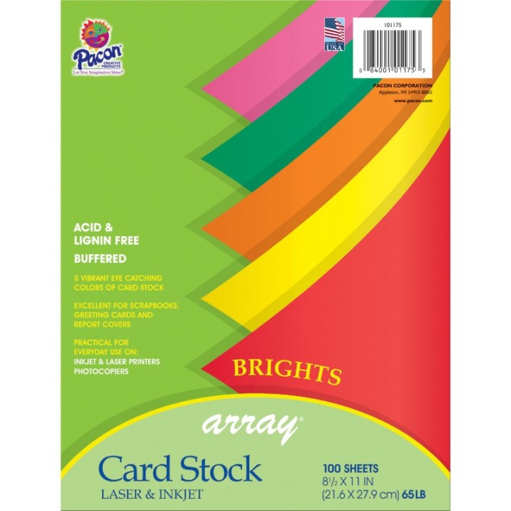 Pacon® Bright Card Stock, 5 Assorted Colors, 8-1/2" x 11", 100 Sheets