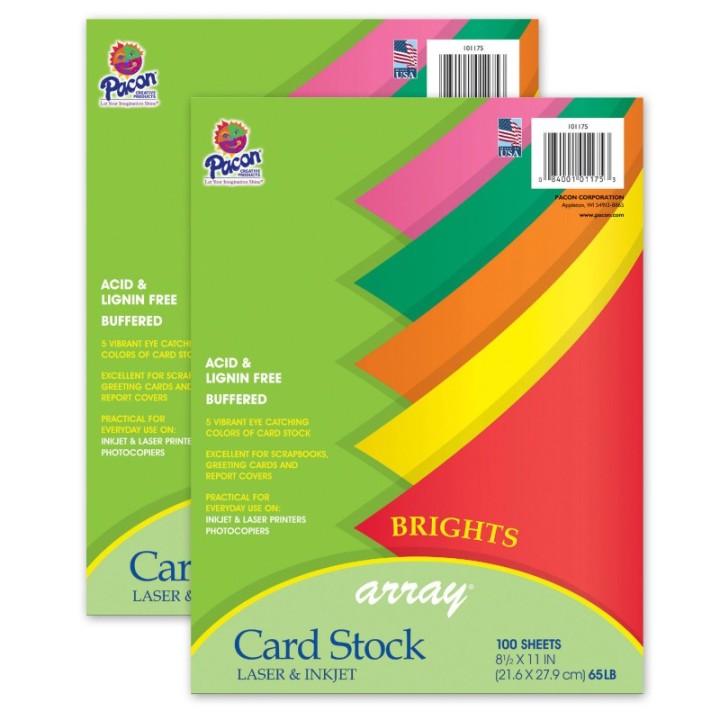 Pacon® Bright Card Stock, 5 Assorted Colors, 8-1/2" x 11", 100 Sheets Per Pack, 2 Packs