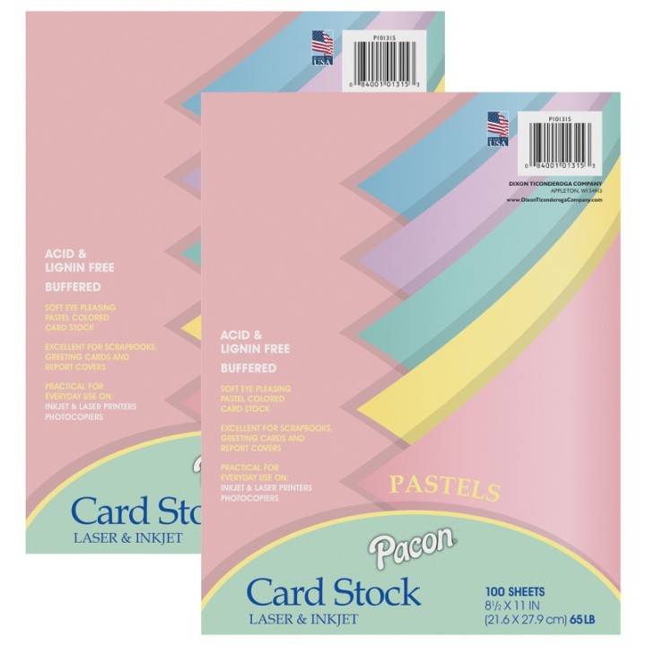 Pacon® Pastel Card Stock, 5 Assorted Colors, 8-1/2" x 11", 100 Sheets Per Pack, 2 Packs