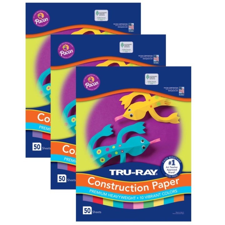 Tru-Ray® Construction Paper, Heavyweight, Vibrant Assortment, 10 Vibrant Colors, 12" x 18", 50 Sheets Per Pack, 3 Packs
