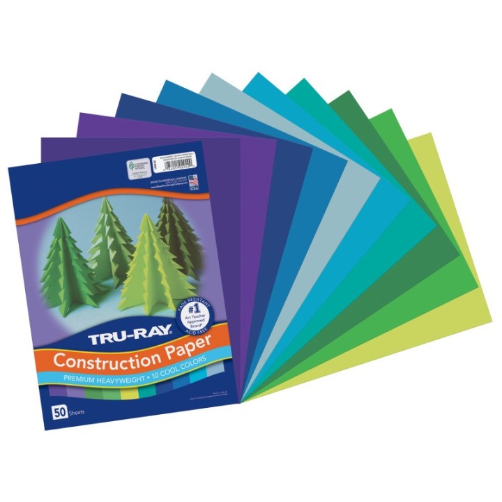 Tru-Ray® Construction Paper, Heavyweight, Cool Assorted, 9" x 12", 50 Sheets