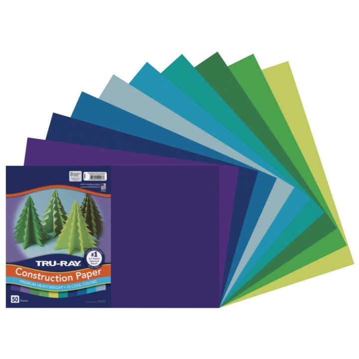 Tru-Ray® Construction Paper, Heavyweight, Cool Assorted, 12" x 18", 50 Sheets