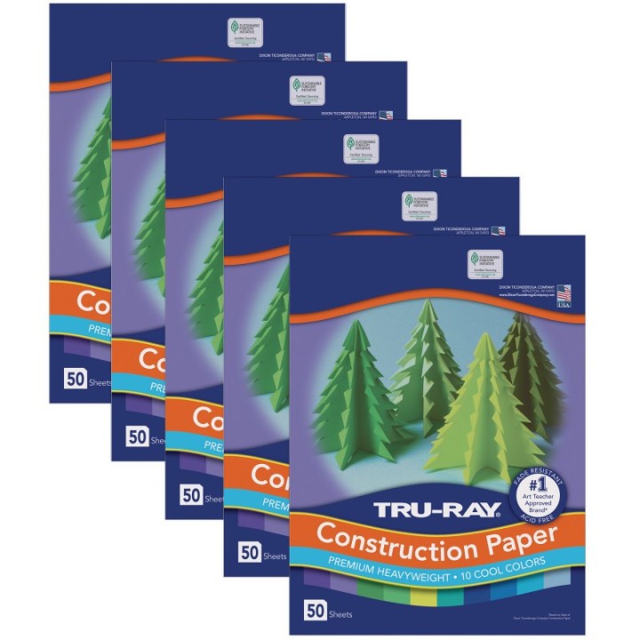 Tru-Ray® Construction Paper, Heavyweight, Cool Assorted, 12" x 18", 50 Sheets Per Pack, 5 Packs