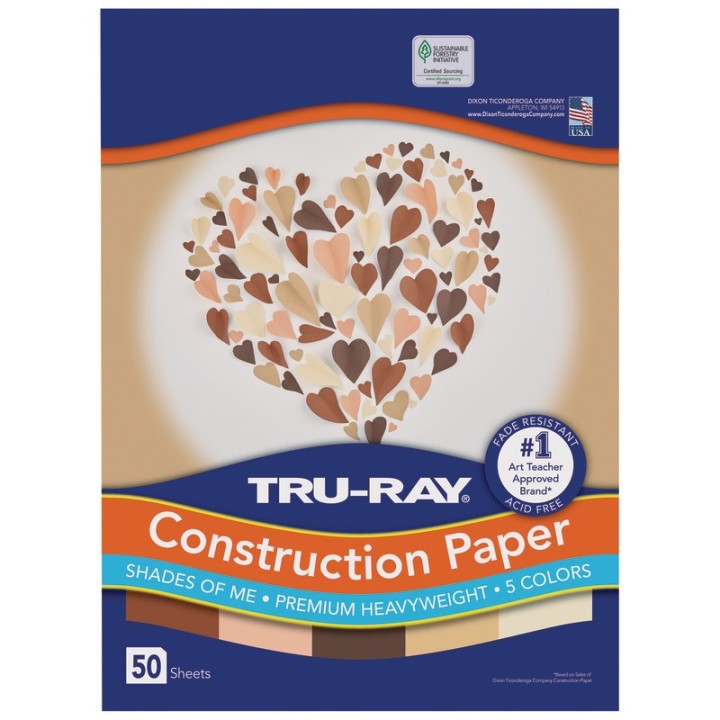 Tru-Ray® Shades of Me Construction Paper, Heavyweight, 5 Assorted Skin Tone Colors, 9" x 12", 50 Sheets
