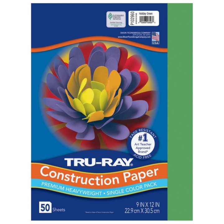 Tru-Ray® Construction Paper, Heavyweight, Holiday Green, 9" x 12", 50 Sheets