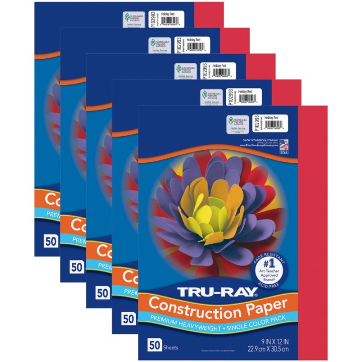 Tru-Ray® Construction Paper, Heavyweight, Holiday Red, 9" x 12", 50 Sheets Per Pack, 5 Packs