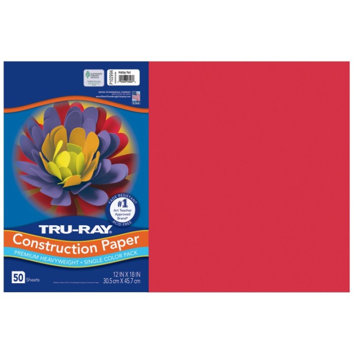 Tru-Ray® Construction Paper, Heavyweight, Holiday Red, 12" x 18", 50 Sheets