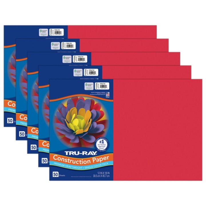 Tru-Ray® Construction Paper, Heavyweight, Holiday Red, 12" x 18", 50 Sheets Per Pack, 5 Packs