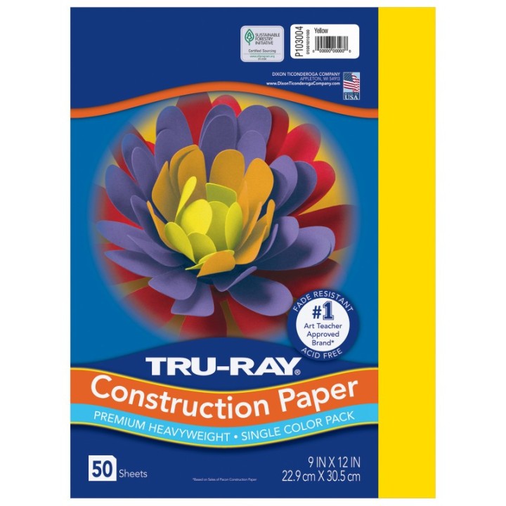 Tru-Ray® Construction Paper, Heavyweight, Yellow, 9" x 12", 50 Sheets