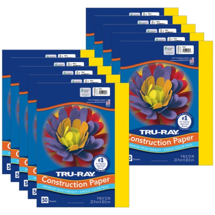 Tru-Ray® Construction Paper, Heavyweight, Yellow, 9" x 12", 50 Sheets Per Pack, 10 Packs