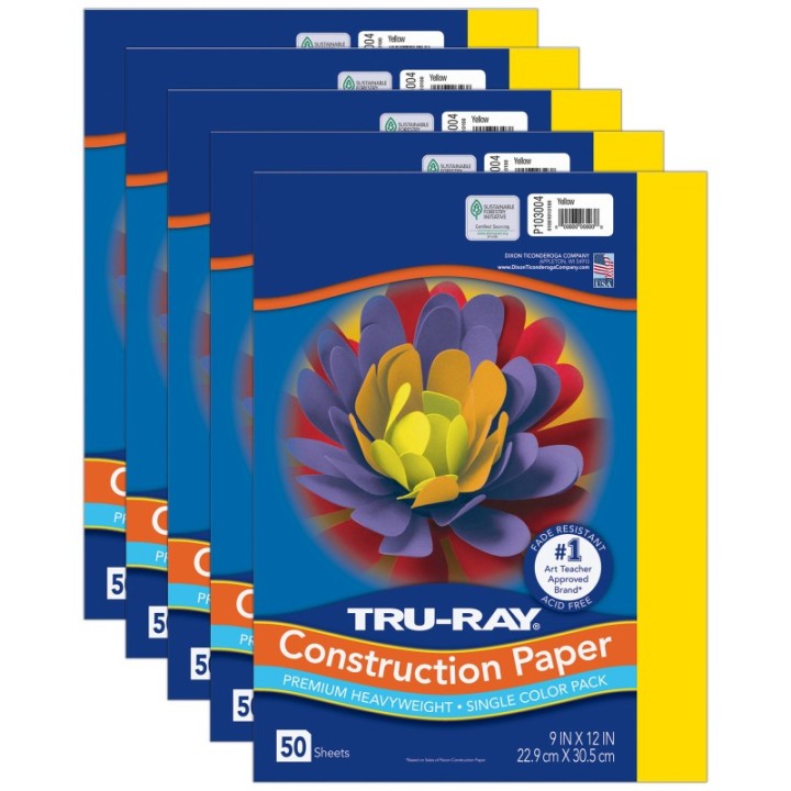 Tru-Ray® Construction Paper, Heavyweight, Yellow, 9" x 12", 50 Sheets Per Pack, 5 Packs