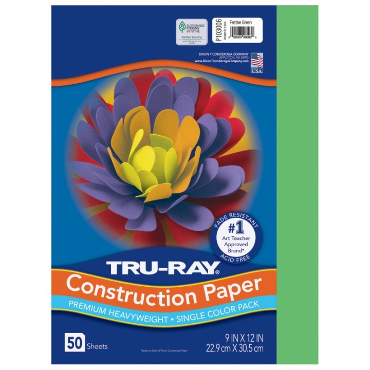 Tru-Ray® Construction Paper, Heavyweight, Festive Green, 9" x 12", 50 Sheets