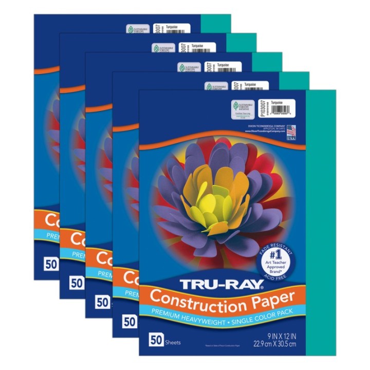 Tru-Ray® Construction Paper, Heavyweight, Turquoise, 9" x 12", 50 Sheets Per Pack, 5 Packs
