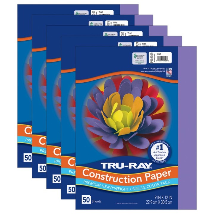Tru-Ray® Construction Paper, Heavyweight, Violet, 9" x 12", 50 Sheets Per Pack, 5 Packs