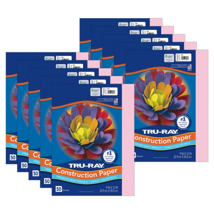 Tru-Ray® Construction Paper, Heavyweight, Pink, 9" x 12", 50 Sheets Per Pack, 10 Packs
