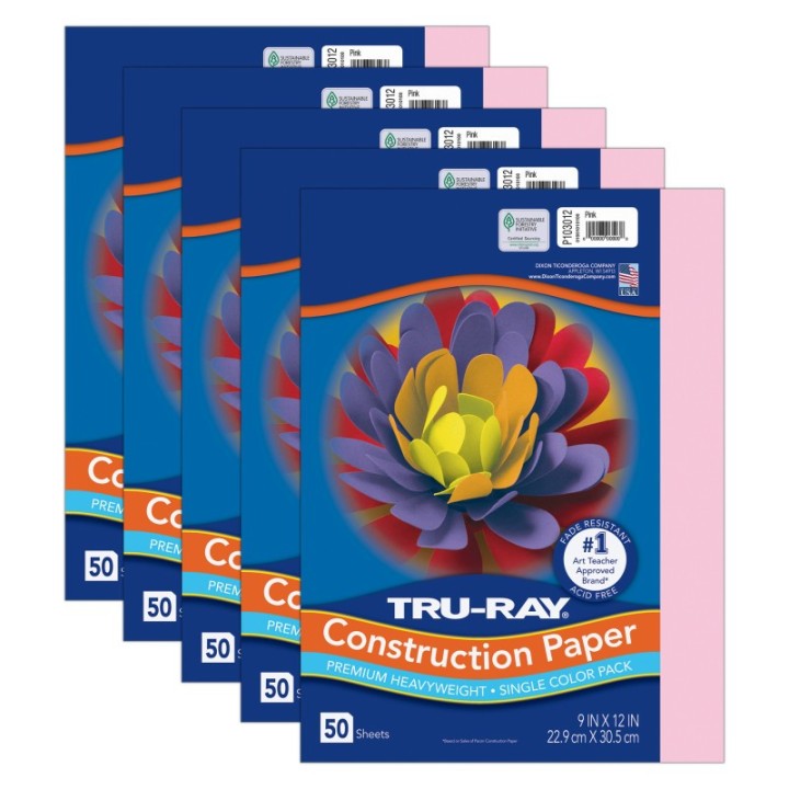 Tru-Ray® Construction Paper, Heavyweight, Pink, 9" x 12", 50 Sheets Per Pack, 5 Packs