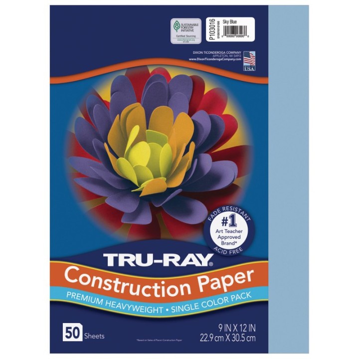 Tru-Ray® Construction Paper, Heavyweight, Sky Blue, 9" x 12", 50 Sheets