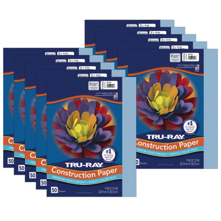 Tru-Ray® Construction Paper, Heavyweight, Sky Blue, 9" x 12", 50 Sheets Per Pack, 10 Packs