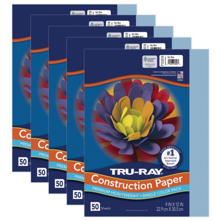 Tru-Ray® Construction Paper, Heavyweight, Sky Blue, 9" x 12", 50 Sheets Per Pack, 5 Packs
