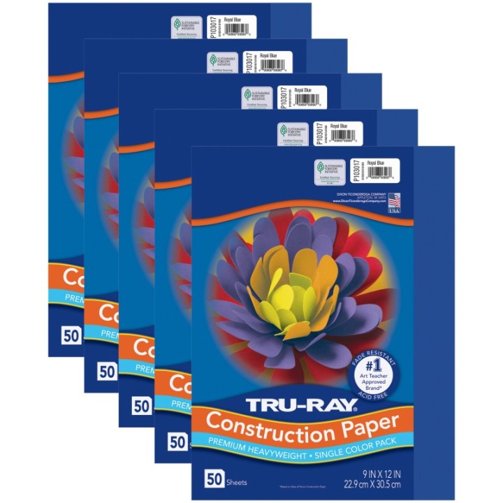 Tru-Ray® Construction Paper, Heavyweight, Royal Blue, 9" x 12", 50 Sheets Per Pack, 5 Packs