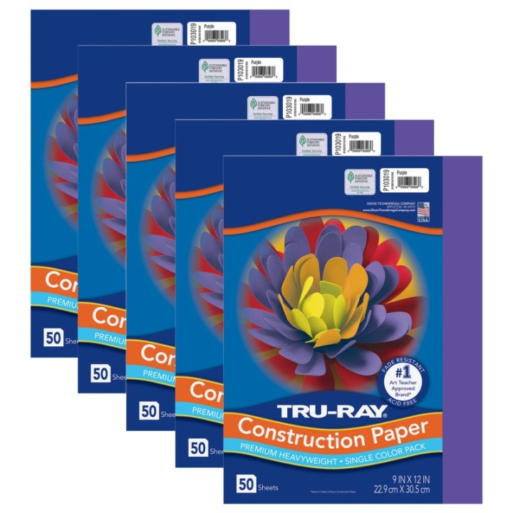 Tru-Ray® Construction Paper, Heavyweight, Purple, 9" x 12", 50 Sheets Per Pack, 5 Packs